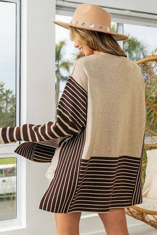 BiBi Striped Contrast Long Sleeve Slit Top - 1985 the VAULT Boutique