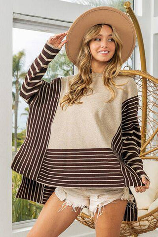 BiBi Striped Contrast Long Sleeve Slit Top - 1985 the VAULT Boutique