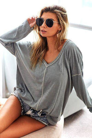 BiBi Contrast Stitching V-Neck Long Sleeve T-Shirt - 1985 the VAULT Boutique