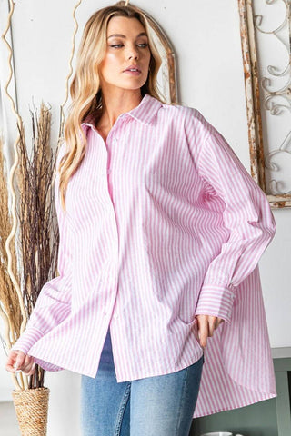 First Love Full Size Striped Button Down High-Low Hem Shirt - 1985 the VAULT Boutique