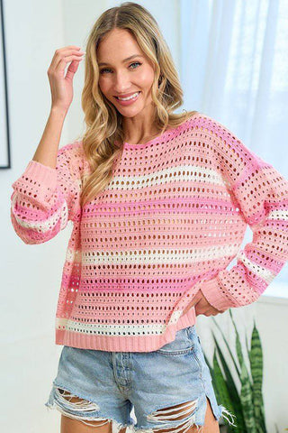 First Love Striped Long Sleeve Openwork Knit Top - 1985 the VAULT Boutique