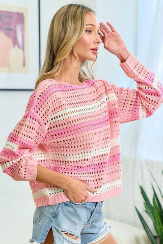 First Love Striped Long Sleeve Openwork Knit Top - 1985 the VAULT Boutique