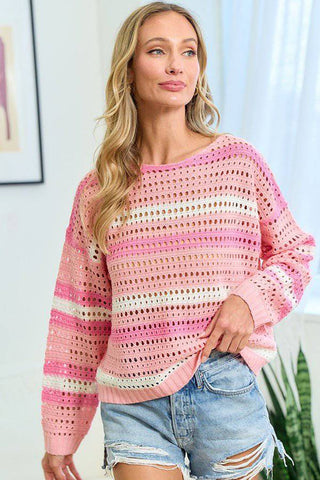 First Love Striped Long Sleeve Openwork Knit Top - 1985 the VAULT Boutique