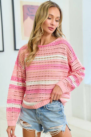 First Love Striped Long Sleeve Openwork Knit Top - 1985 the VAULT Boutique