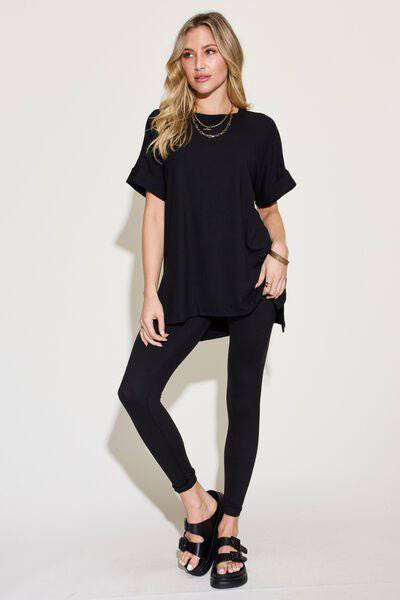 Zenana Full Size Short Sleeve Slit T-Shirt and Leggings Lounge Set - 1985 the VAULT Boutique