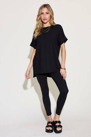 Zenana Full Size Short Sleeve Slit T-Shirt and Leggings Lounge Set - 1985 the VAULT Boutique