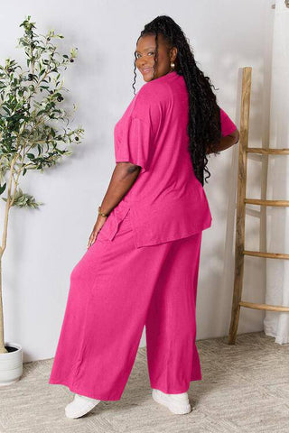 Double Take Full Size Round Neck Slit Top and Pants Set - 1985 the VAULT Boutique