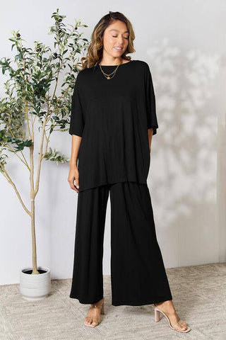 Double Take Full Size Round Neck Slit Top and Pants Set - 1985 the VAULT Boutique