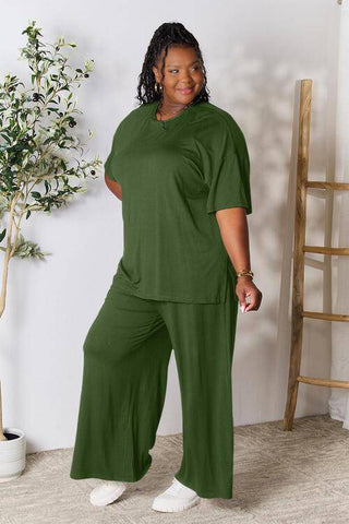 Double Take Full Size Round Neck Slit Top and Pants Set - 1985 the VAULT Boutique