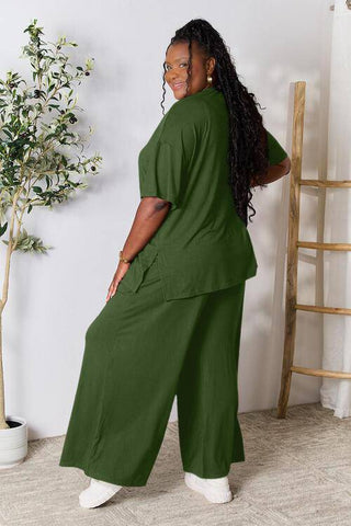 Double Take Full Size Round Neck Slit Top and Pants Set - 1985 the VAULT Boutique