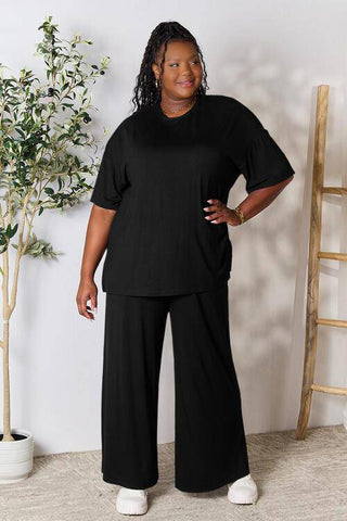 Double Take Full Size Round Neck Slit Top and Pants Set - 1985 the VAULT Boutique