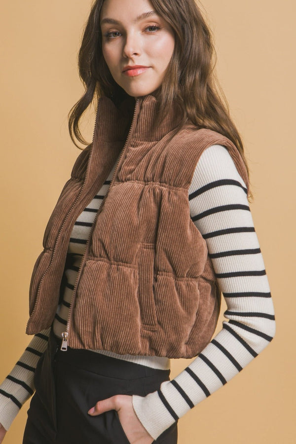 Love Tree Corduroy Zip Up Puffer Vest with Pockets - Happily Ever Atchison Shop Co.