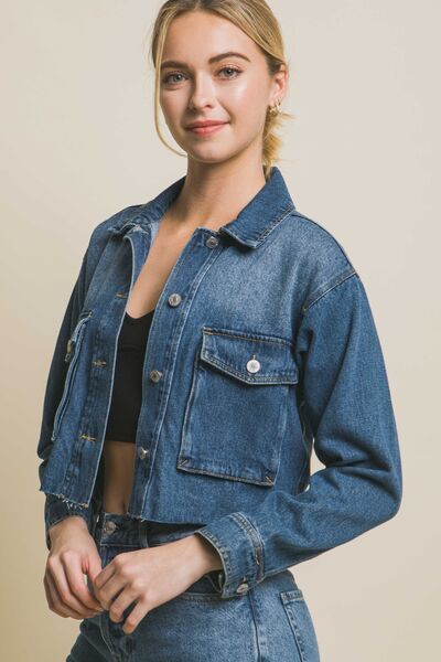 LOVE TREE Raw Hem Button Up Cropped Denim Jacket - Happily Ever Atchison Shop Co.