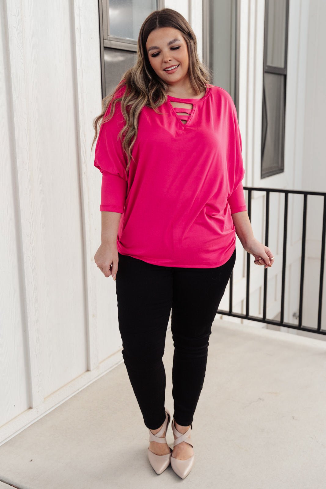 Lovely Ladder V Neck Top in Pink - Happily Ever Atchison Shop Co.