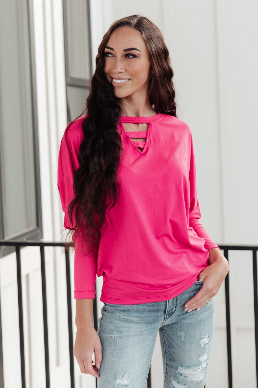 Lovely Ladder V Neck Top in Pink - Happily Ever Atchison Shop Co.