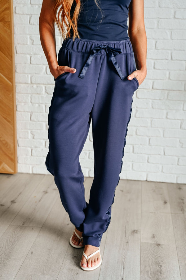 Lysa Satin Stripe Lounge Pants in Smoky Navy - Happily Ever Atchison Shop Co.