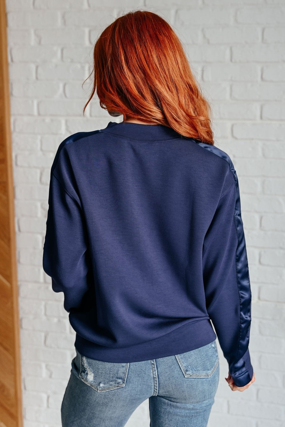 Lysa Satin Stripe Pullover in Smoky Navy - Happily Ever Atchison Shop Co.