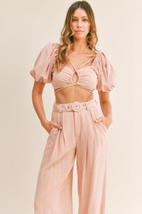 MABLE Cut Out Drawstring Crop Top and Belted Pants Set - Happily Ever Atchison Shop Co.