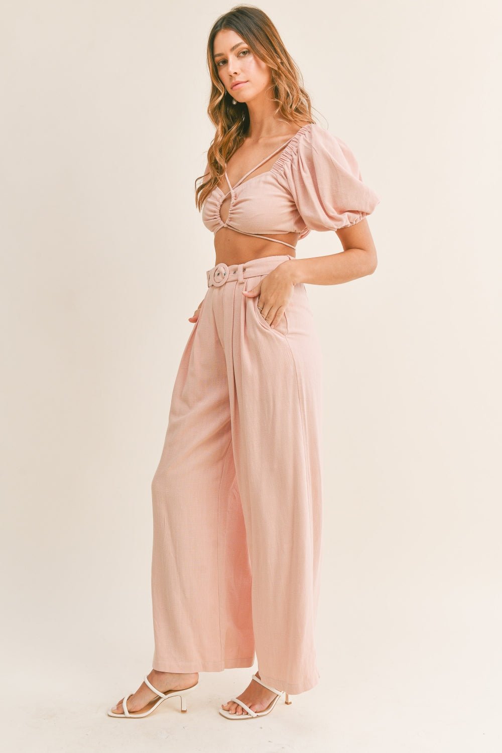 MABLE Cut Out Drawstring Crop Top and Belted Pants Set - Happily Ever Atchison Shop Co.