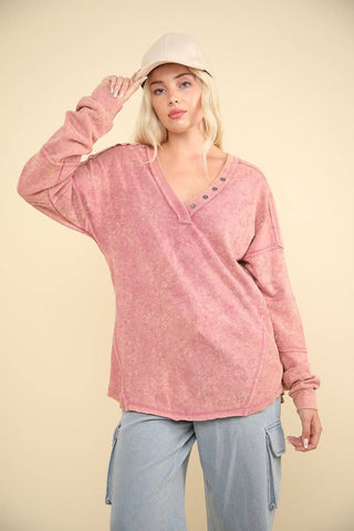 VERY J Washed V-Neck Exposed Seam Knit Top - 1985 the VAULT Boutique