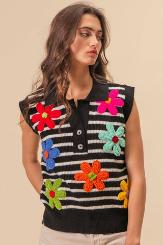 BiBi Flower Patch Striped Half Button Sweater Vest - 1985 the VAULT Boutique