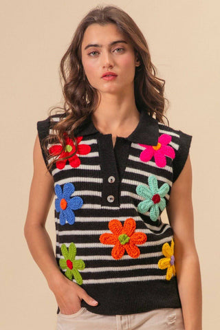 BiBi Flower Patch Striped Half Button Sweater Vest - 1985 the VAULT Boutique