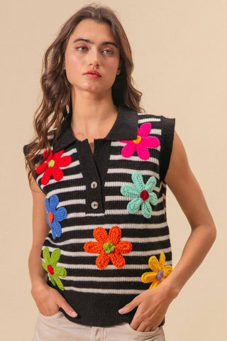 BiBi Flower Patch Striped Half Button Sweater Vest - 1985 the VAULT Boutique