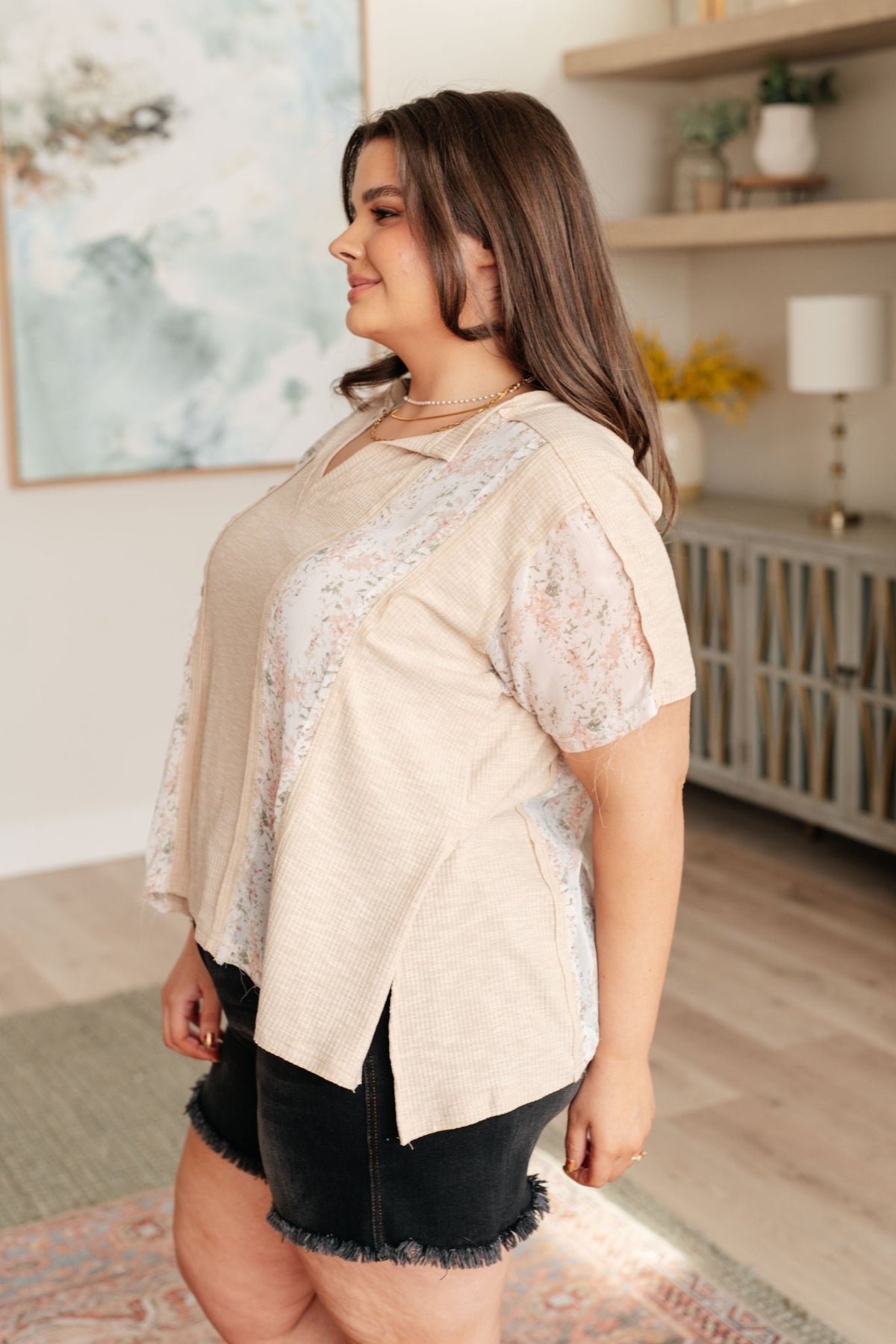 Mention Me Floral Accent Top in Toasted Almond - Happily Ever Atchison Shop Co.