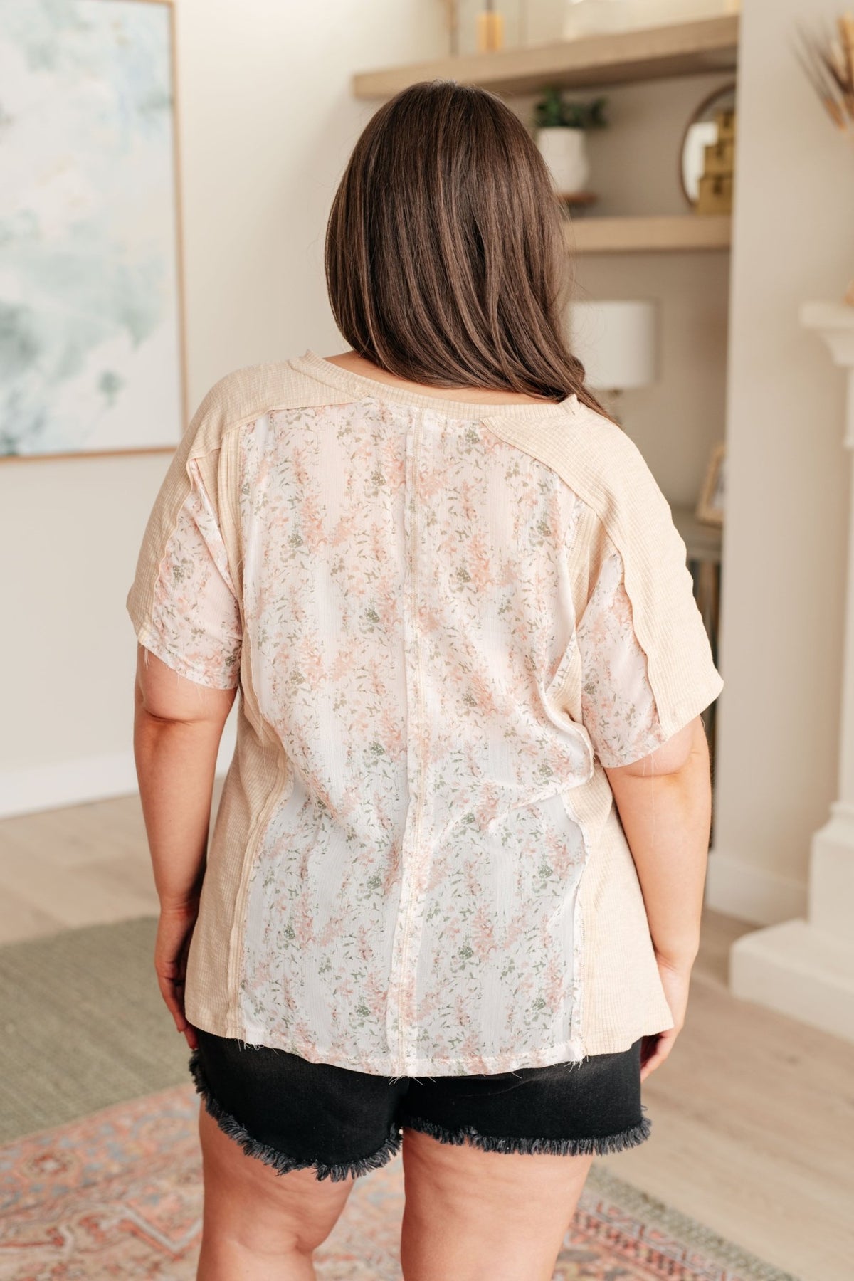 Mention Me Floral Accent Top in Toasted Almond - Happily Ever Atchison Shop Co.