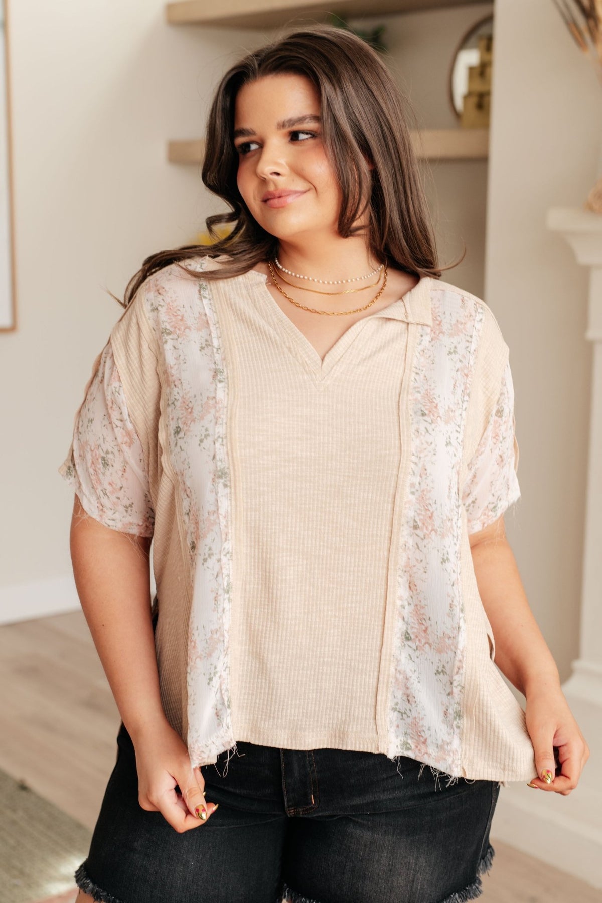 Mention Me Floral Accent Top in Toasted Almond - Happily Ever Atchison Shop Co.