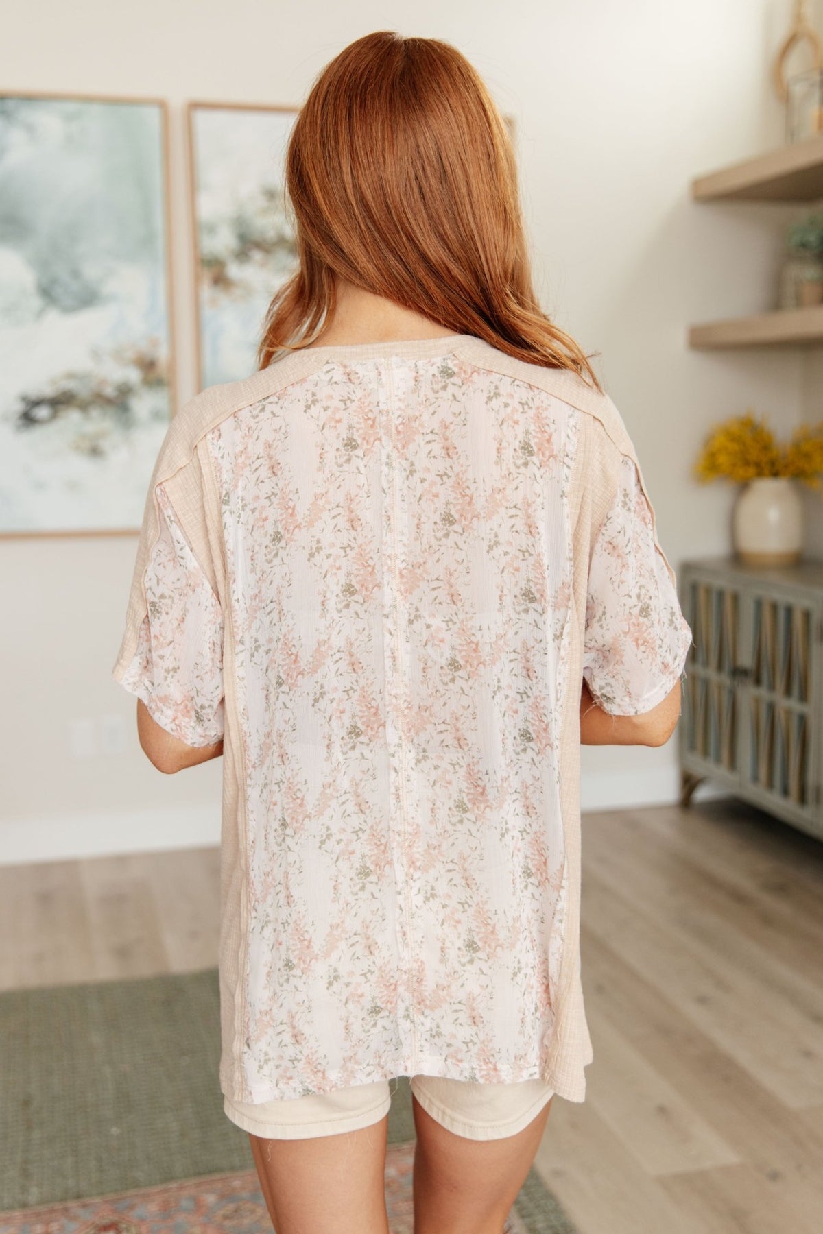 Mention Me Floral Accent Top in Toasted Almond - Happily Ever Atchison Shop Co.