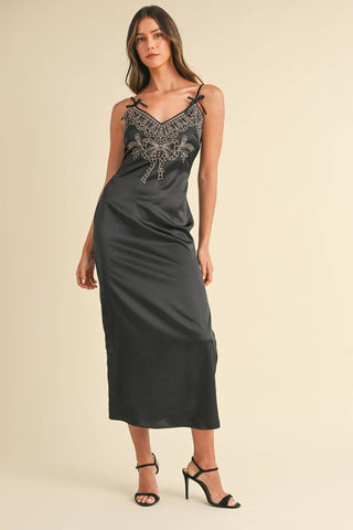 Mable Embroidered Cami Satin Midi Slit Dress - 1985 the VAULT Boutique