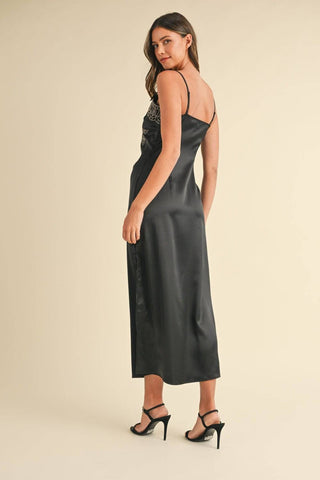 Mable Embroidered Cami Satin Midi Slit Dress - 1985 the VAULT Boutique