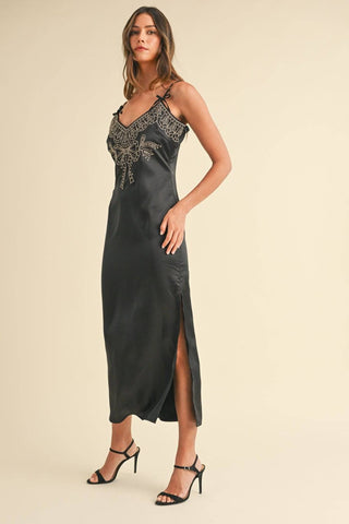 Mable Embroidered Cami Satin Midi Slit Dress - 1985 the VAULT Boutique