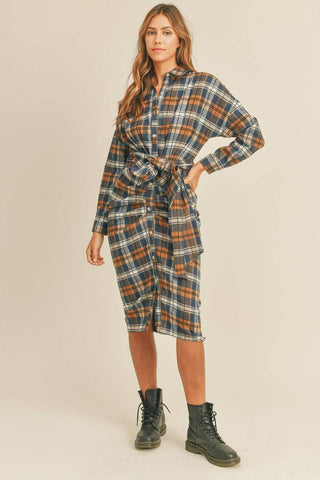 Mable Plaid Flannel Front Tie Button Down Shirt Dress - 1985 the VAULT Boutique