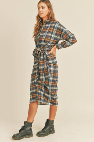 Mable Plaid Flannel Front Tie Button Down Shirt Dress - 1985 the VAULT Boutique