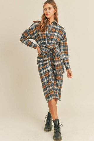 Mable Plaid Flannel Front Tie Button Down Shirt Dress - 1985 the VAULT Boutique