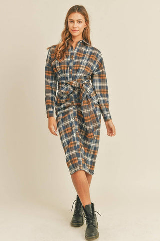 Mable Plaid Flannel Front Tie Button Down Shirt Dress - 1985 the VAULT Boutique