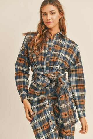 Mable Plaid Flannel Front Tie Button Down Shirt Dress - 1985 the VAULT Boutique