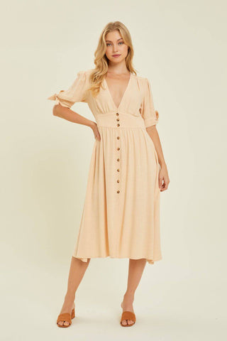 HEYSON Full Size Textured Linen V-Neck Button-Down Midi Dress - 1985 the VAULT Boutique