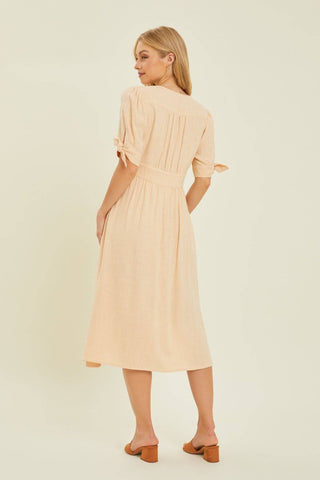 HEYSON Full Size Textured Linen V-Neck Button-Down Midi Dress - 1985 the VAULT Boutique