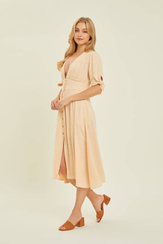 HEYSON Full Size Textured Linen V-Neck Button-Down Midi Dress - 1985 the VAULT Boutique