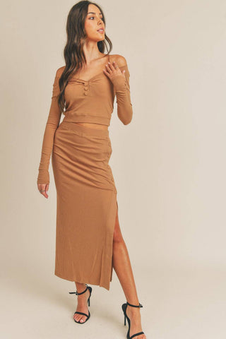 MABLE Button Detail Crop Top and Slit Midi Skirt Set - 1985 the VAULT Boutique