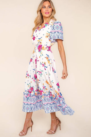 Haptics Printed Notched Short Sleeve Tiered Dress - 1985 the VAULT Boutique