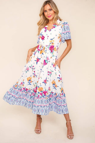 Haptics Printed Notched Short Sleeve Tiered Dress - 1985 the VAULT Boutique