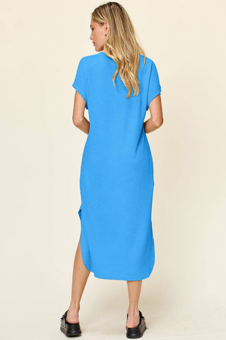 Double Take Full Size Round Neck Short Sleeve Slit Dress - 1985 the VAULT Boutique