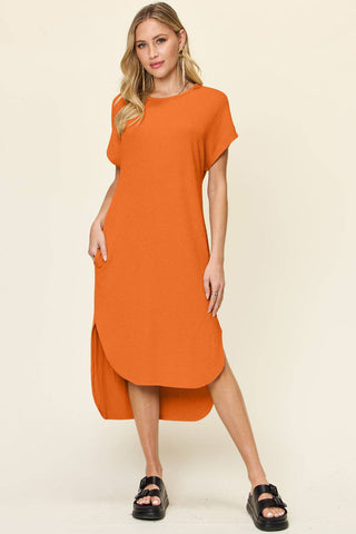 Double Take Full Size Round Neck Short Sleeve Slit Dress - 1985 the VAULT Boutique