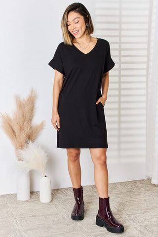 Zenana Full Size Rolled Short Sleeve V-Neck Dress - 1985 the VAULT Boutique