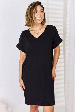 Zenana Full Size Rolled Short Sleeve V-Neck Dress - 1985 the VAULT Boutique