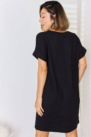 Zenana Full Size Rolled Short Sleeve V-Neck Dress - 1985 the VAULT Boutique